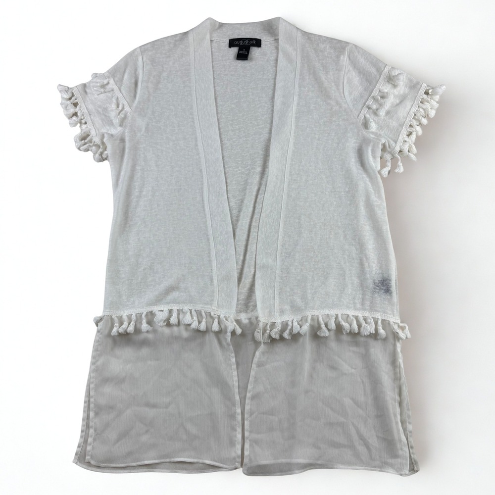 August Silk Fringe Cardigan Womens M White Sheer‎ Tassel Open Front Beach Cover